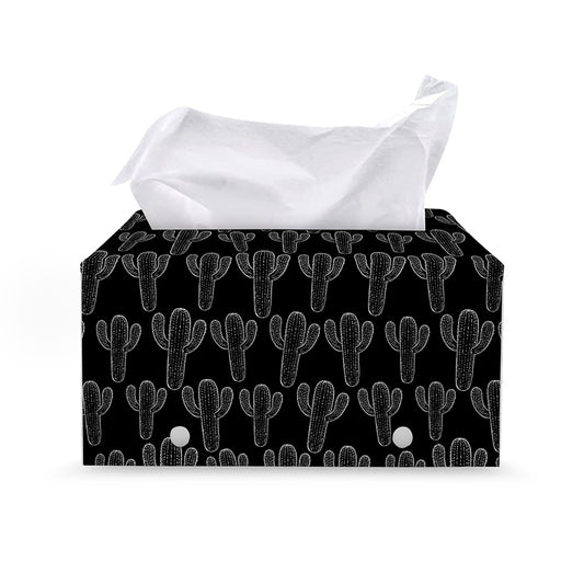 Black And White Cactus Pattern Print Leather Tissue Box Cover