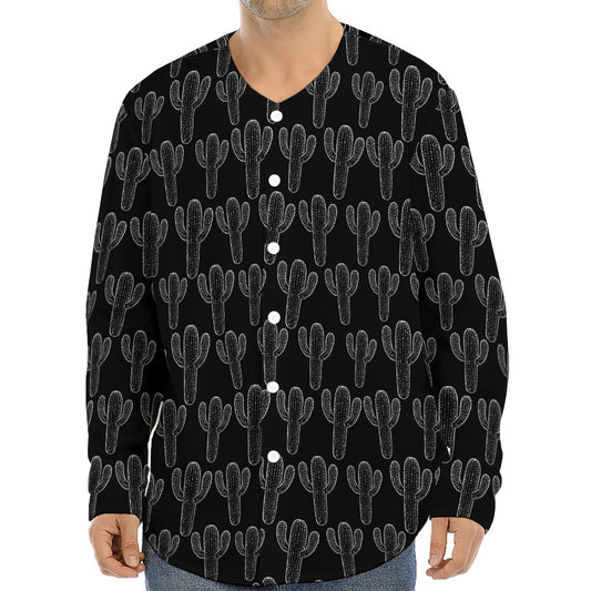 Black And White Cactus Pattern Print Long Sleeve Baseball Jersey