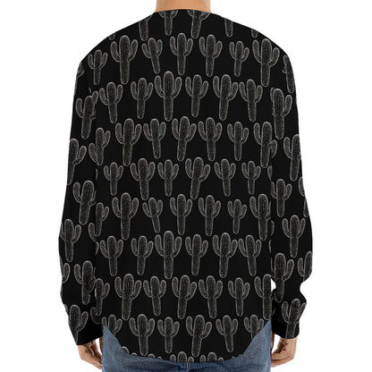 Black And White Cactus Pattern Print Long Sleeve Baseball Jersey
