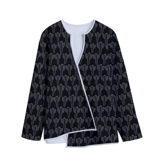Black And White Cactus Pattern Print Long Sleeve Short Coat