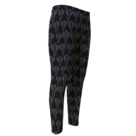Black And White Cactus Pattern Print Men's Compression Pants