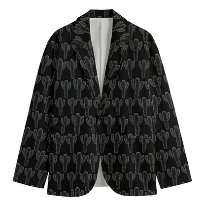 Black And White Cactus Pattern Print Men's Cotton Blazer