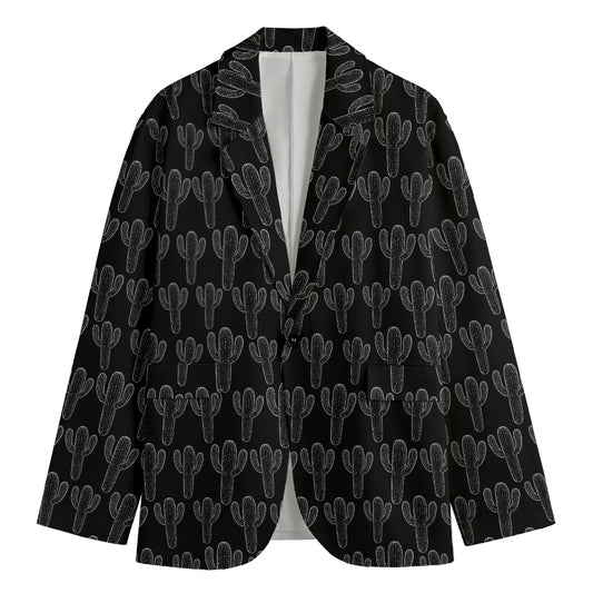 Black And White Cactus Pattern Print Men's Cotton Blazer