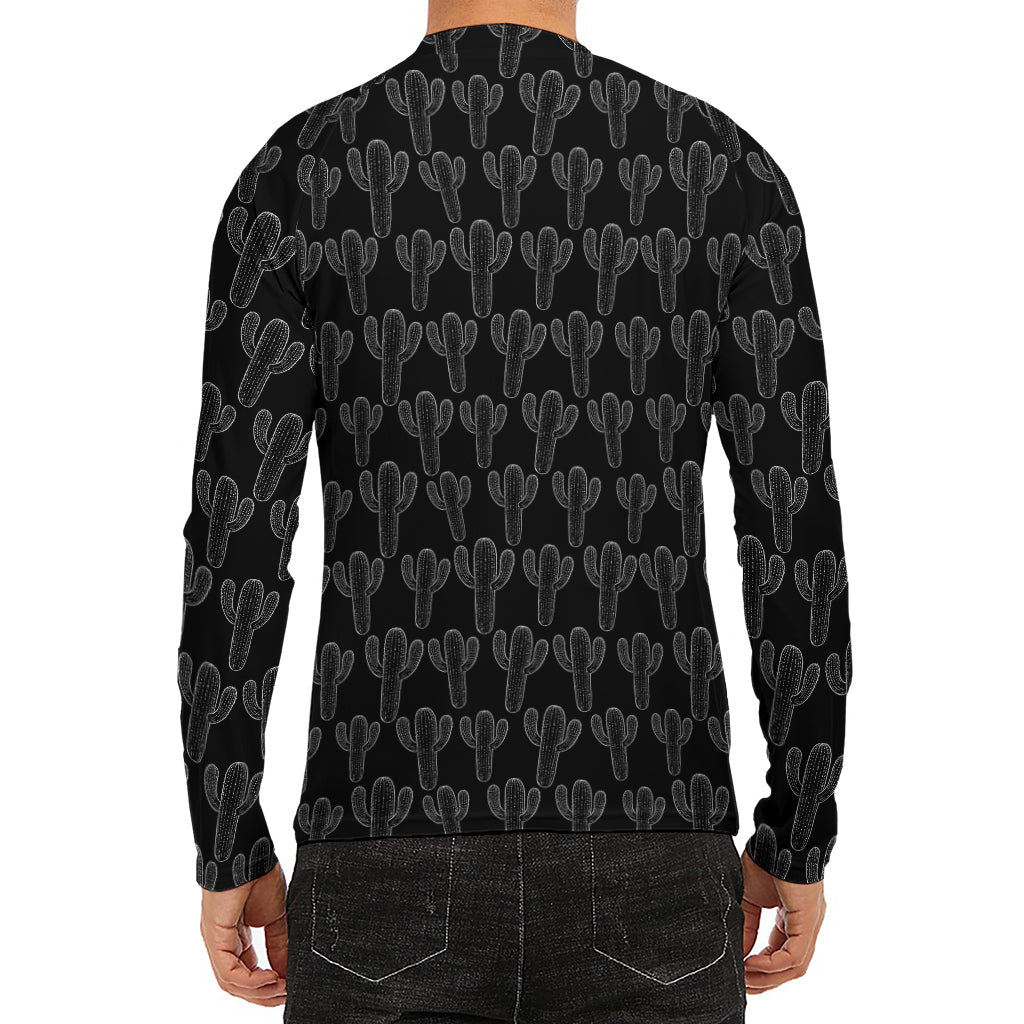 Black And White Cactus Pattern Print Men's Long Sleeve Rash Guard