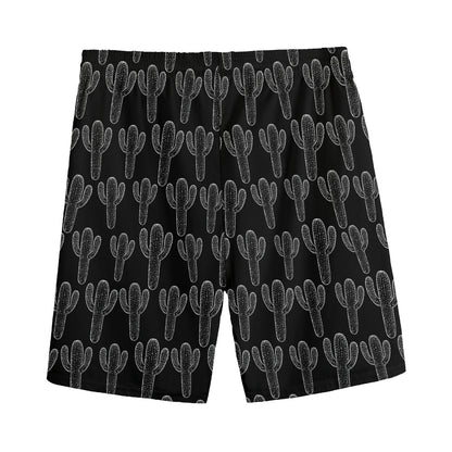 Black And White Cactus Pattern Print Men's Sports Shorts