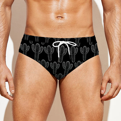 Black And White Cactus Pattern Print Men's Swim Briefs