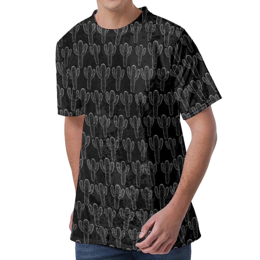 Black And White Cactus Pattern Print Men's Velvet T-Shirt