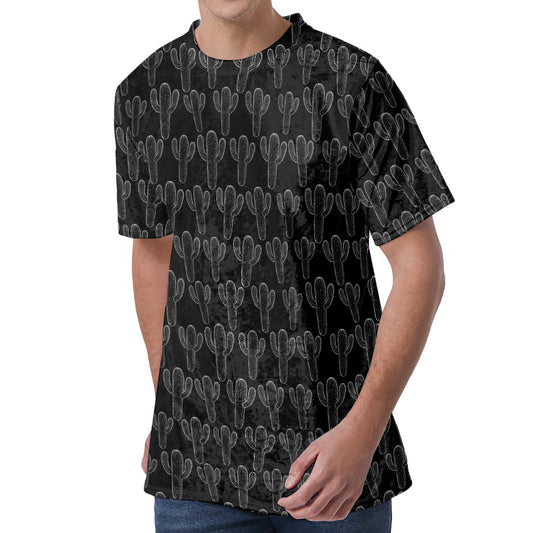 Black And White Cactus Pattern Print Men's Velvet T-Shirt