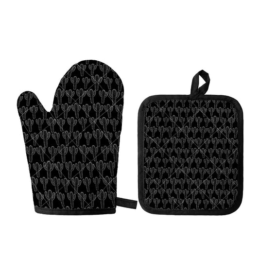 Black And White Cactus Pattern Print Oven Mitt And Pot Holder Set