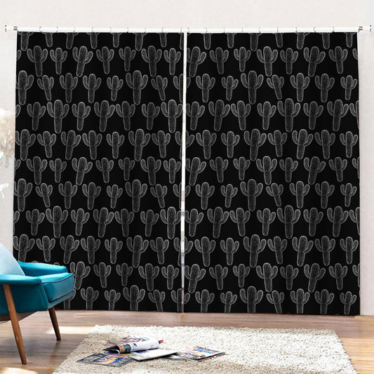 Black And White Cactus Pattern Print Pencil Pleat Curtains