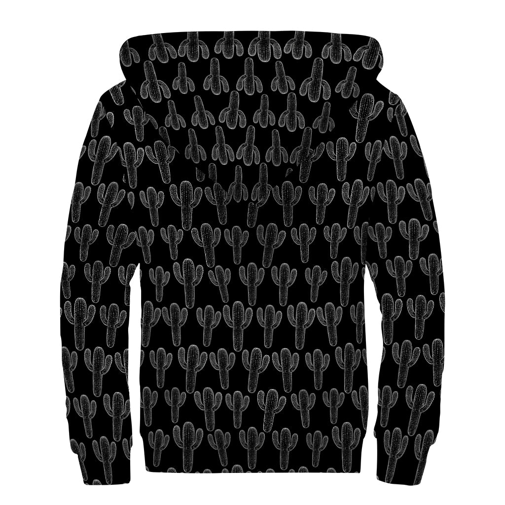 Black And White Cactus Pattern Print Sherpa Lined Zip Up Hoodie