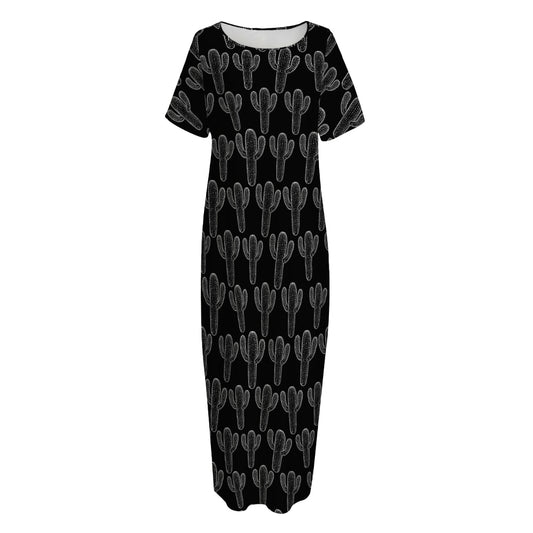 Black And White Cactus Pattern Print Short Sleeve Long Nightdress