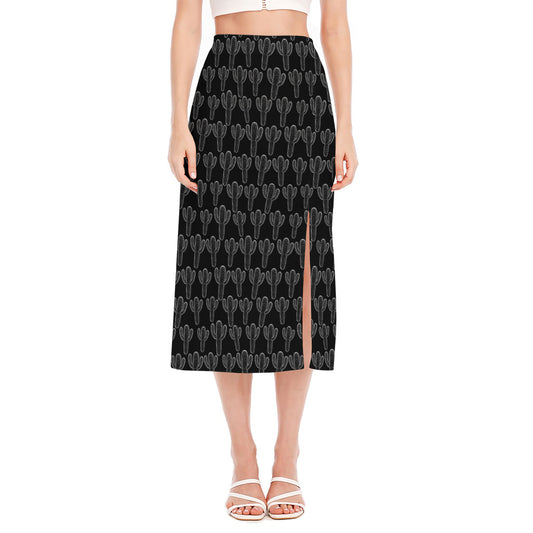 Black And White Cactus Pattern Print Side Slit Midi Skirt