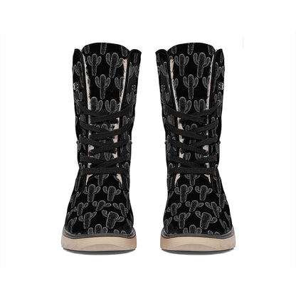 Black And White Cactus Pattern Print Winter Boots