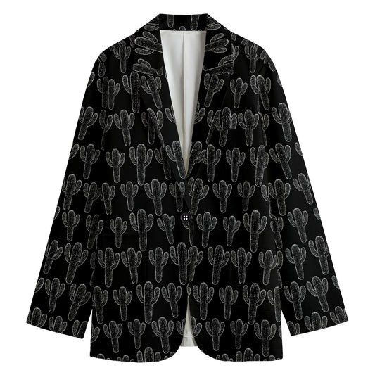 Black And White Cactus Pattern Print Women's Cotton Blazer
