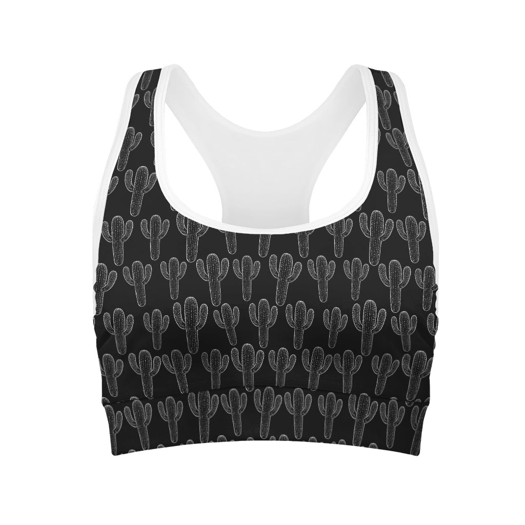 Black And White Cactus Pattern Print Women's Sports Bra