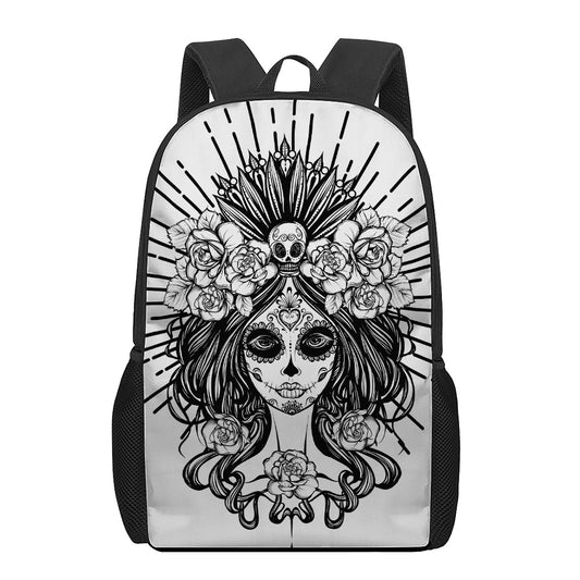 Black And White Calavera Girl Print 17 Inch Backpack