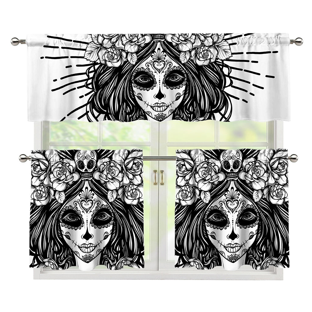 Black And White Calavera Girl Print 3 Piece Kitchen Curtains