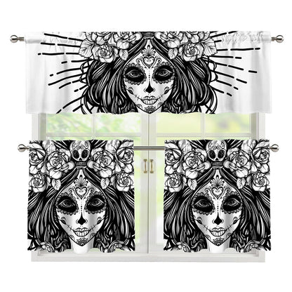 Black And White Calavera Girl Print 3 Piece Kitchen Curtains