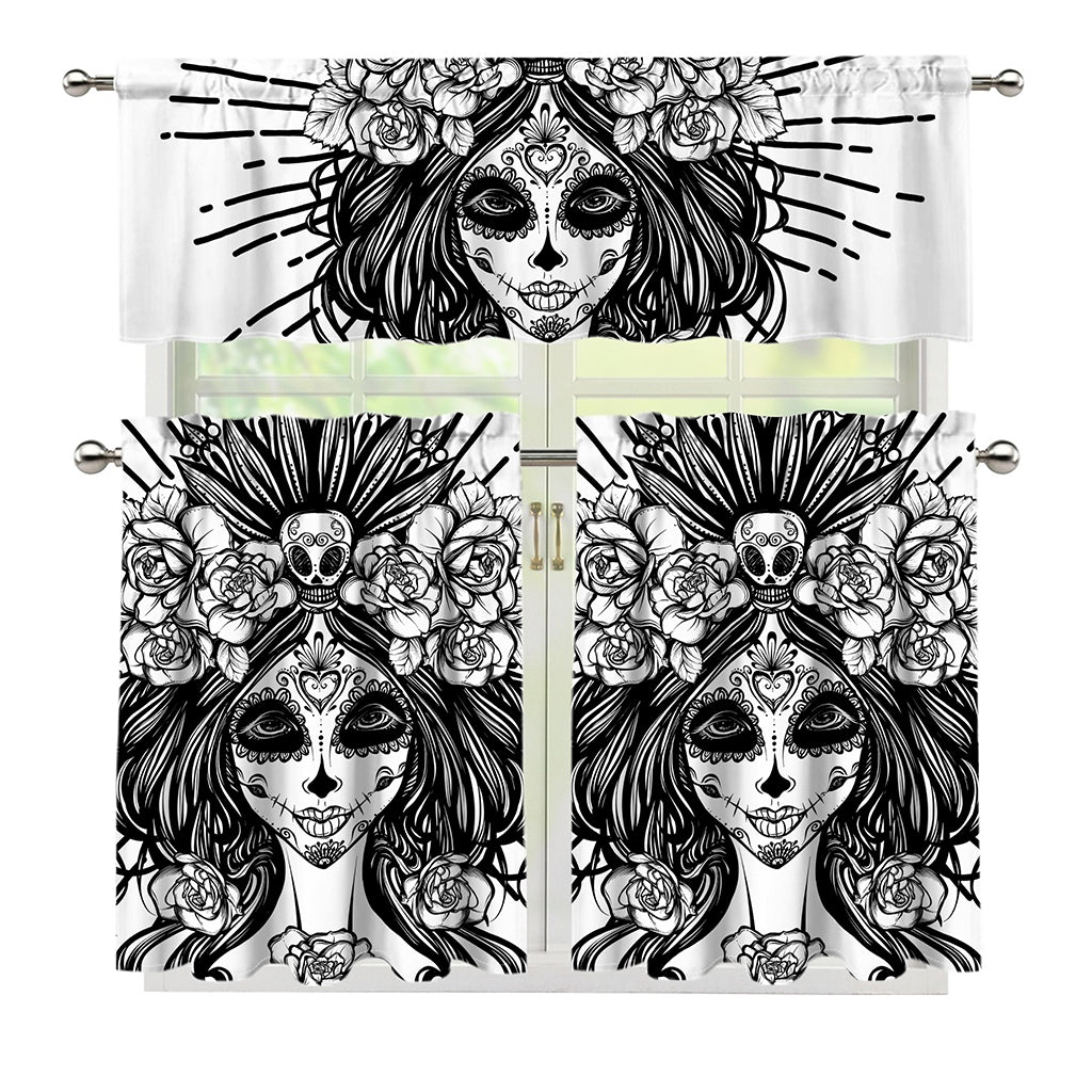 Black And White Calavera Girl Print 3 Piece Kitchen Curtains