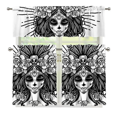 Black And White Calavera Girl Print 3 Piece Kitchen Curtains