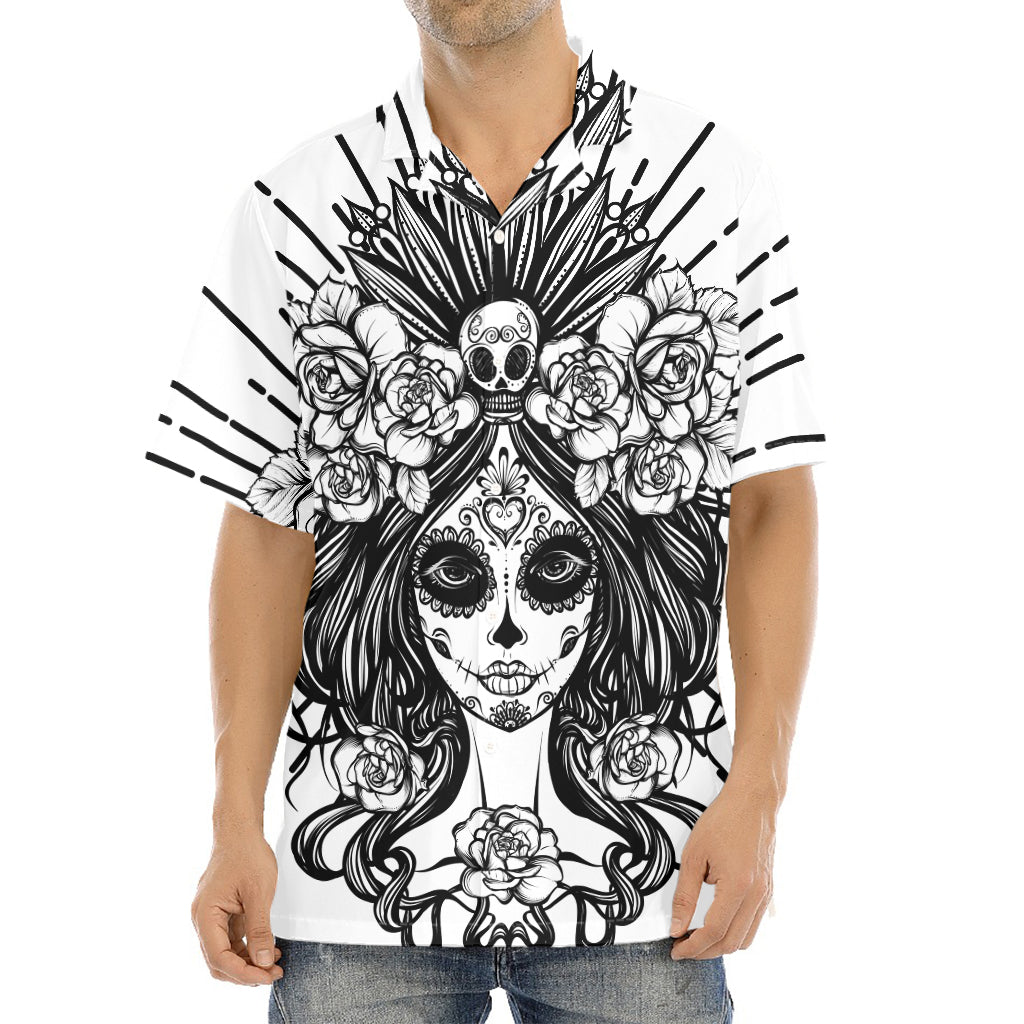 Black And White Calavera Girl Print Aloha Shirt