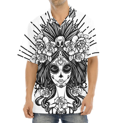 Black And White Calavera Girl Print Aloha Shirt
