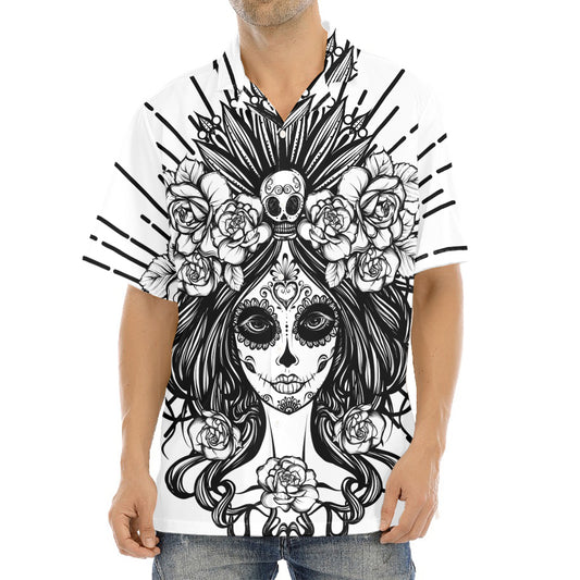 Black And White Calavera Girl Print Aloha Shirt