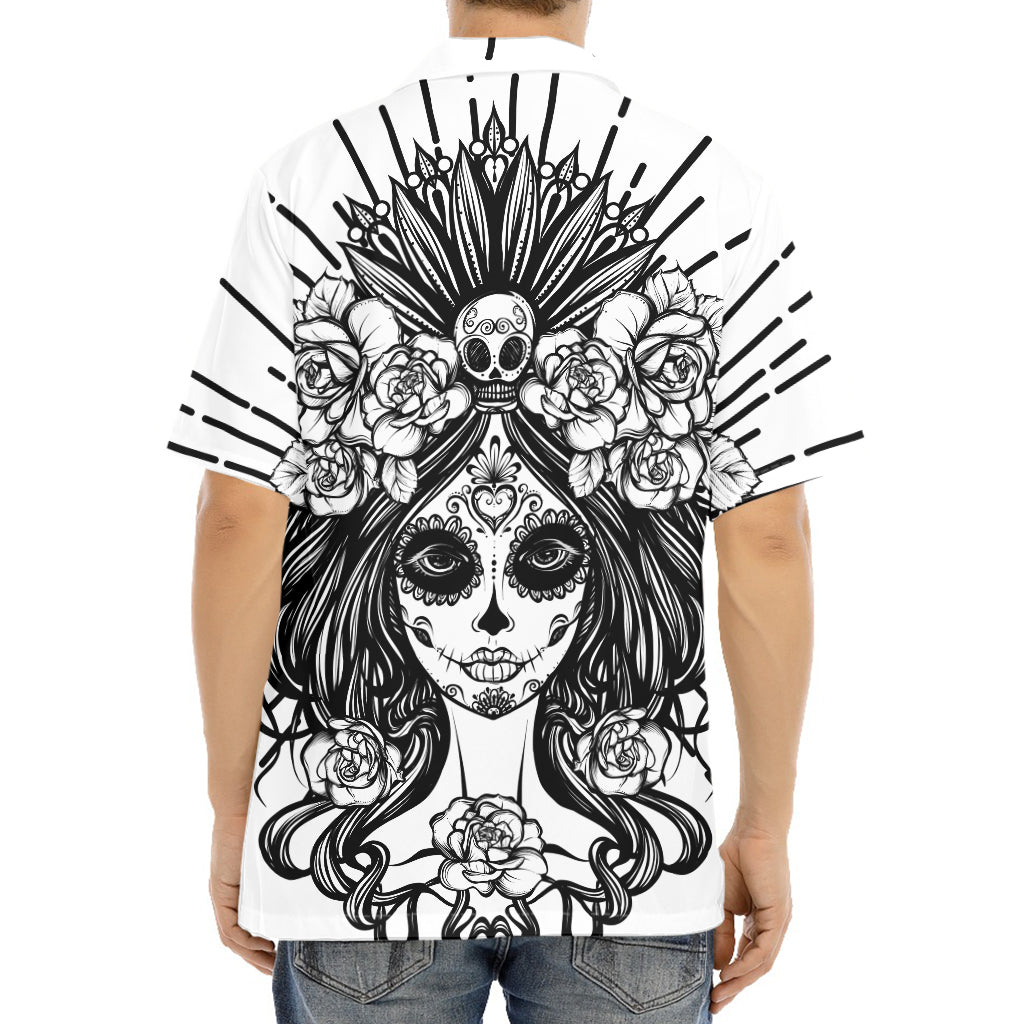 Black And White Calavera Girl Print Aloha Shirt