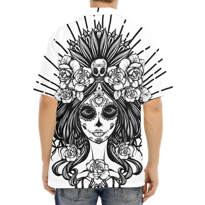 Black And White Calavera Girl Print Aloha Shirt