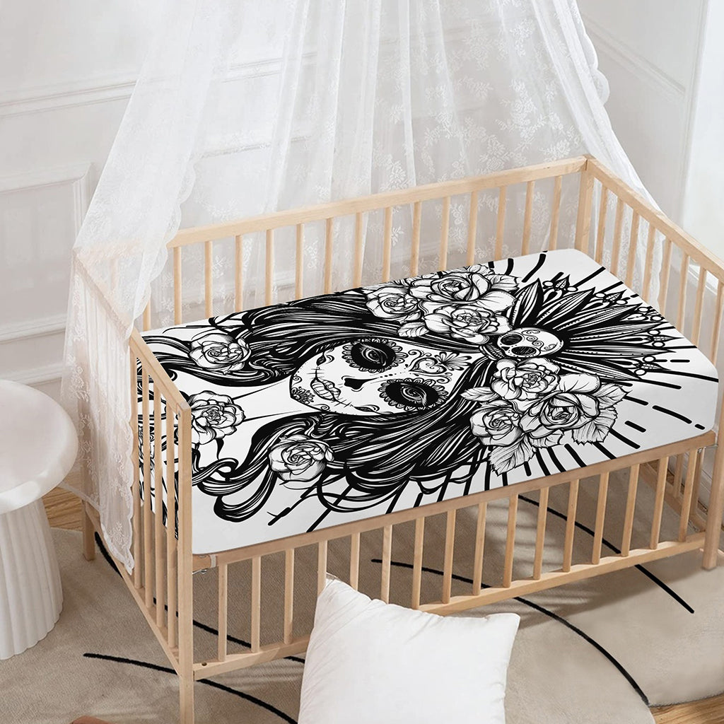 Black And White Calavera Girl Print Baby Crib Sheet