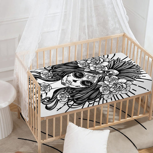 Black And White Calavera Girl Print Baby Crib Sheet