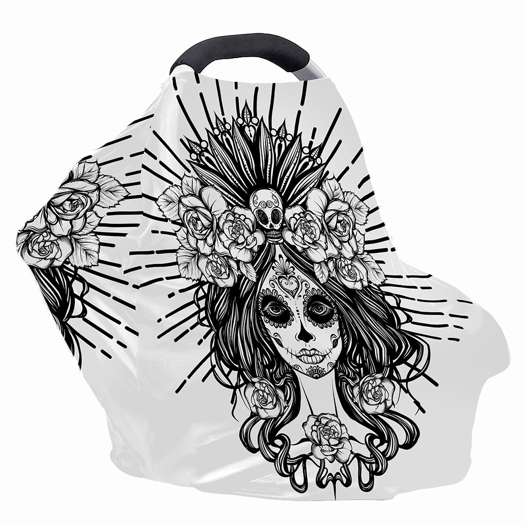 Black And White Calavera Girl Print Baby Seat Cover