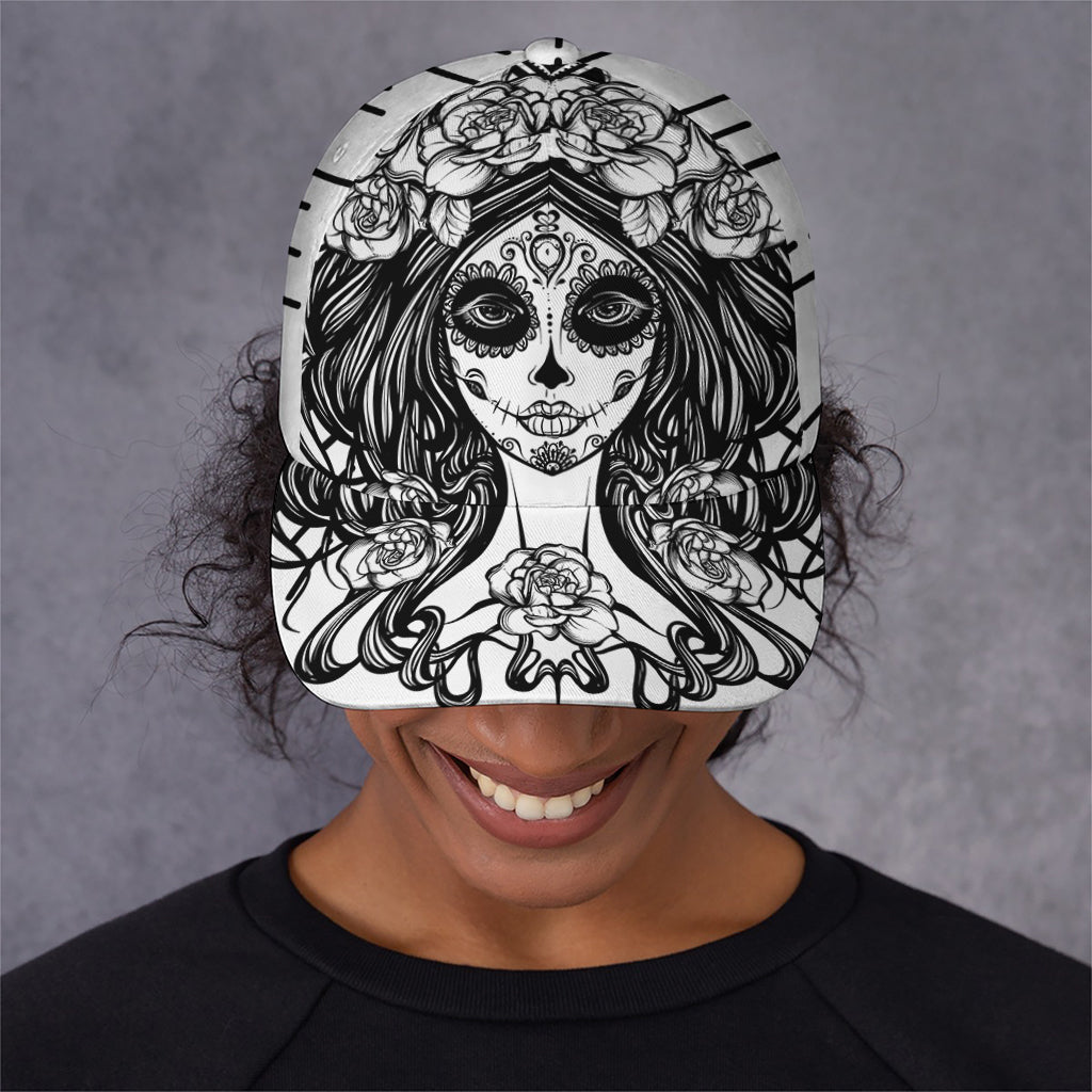 Black And White Calavera Girl Print Baseball Cap