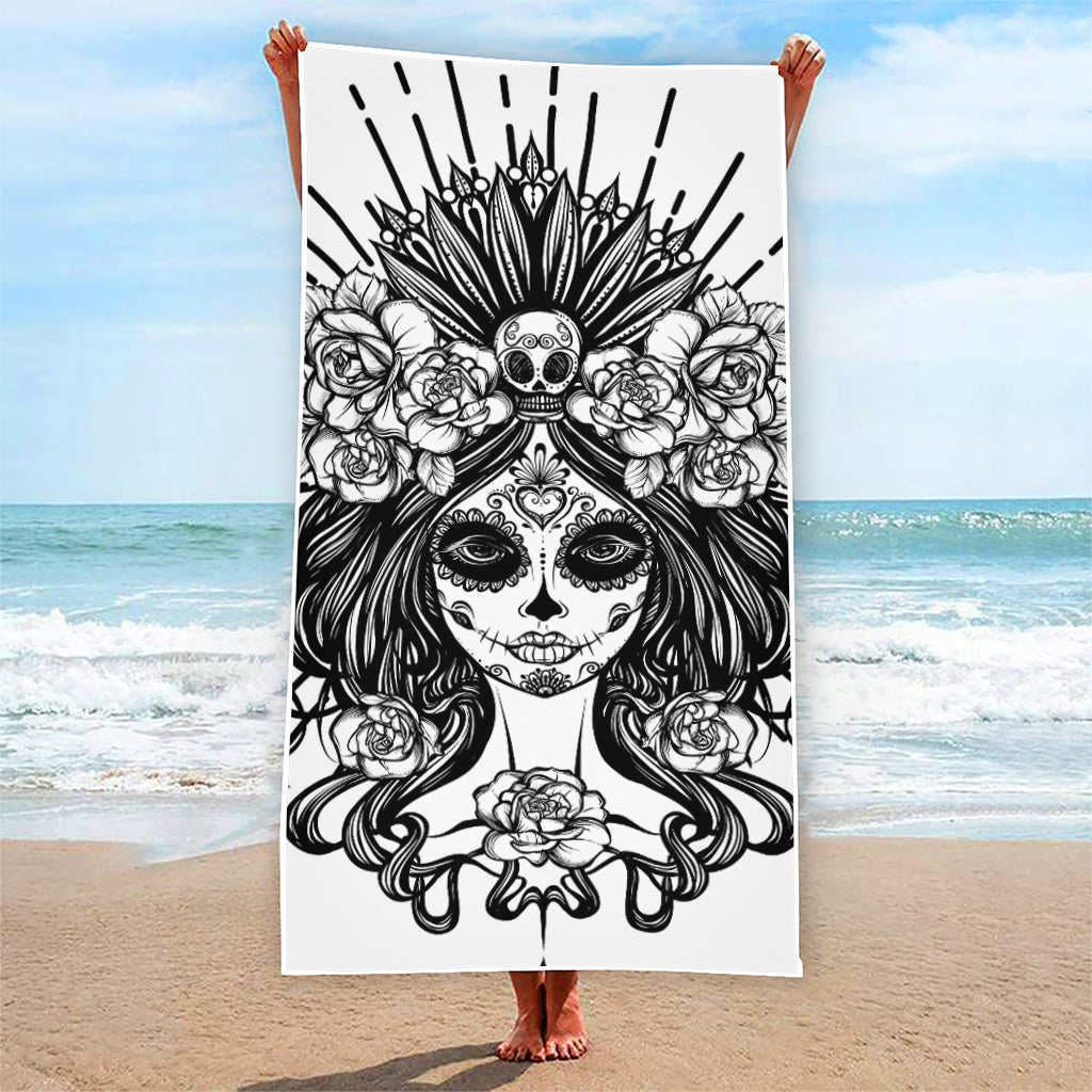 Black And White Calavera Girl Print Beach Towel