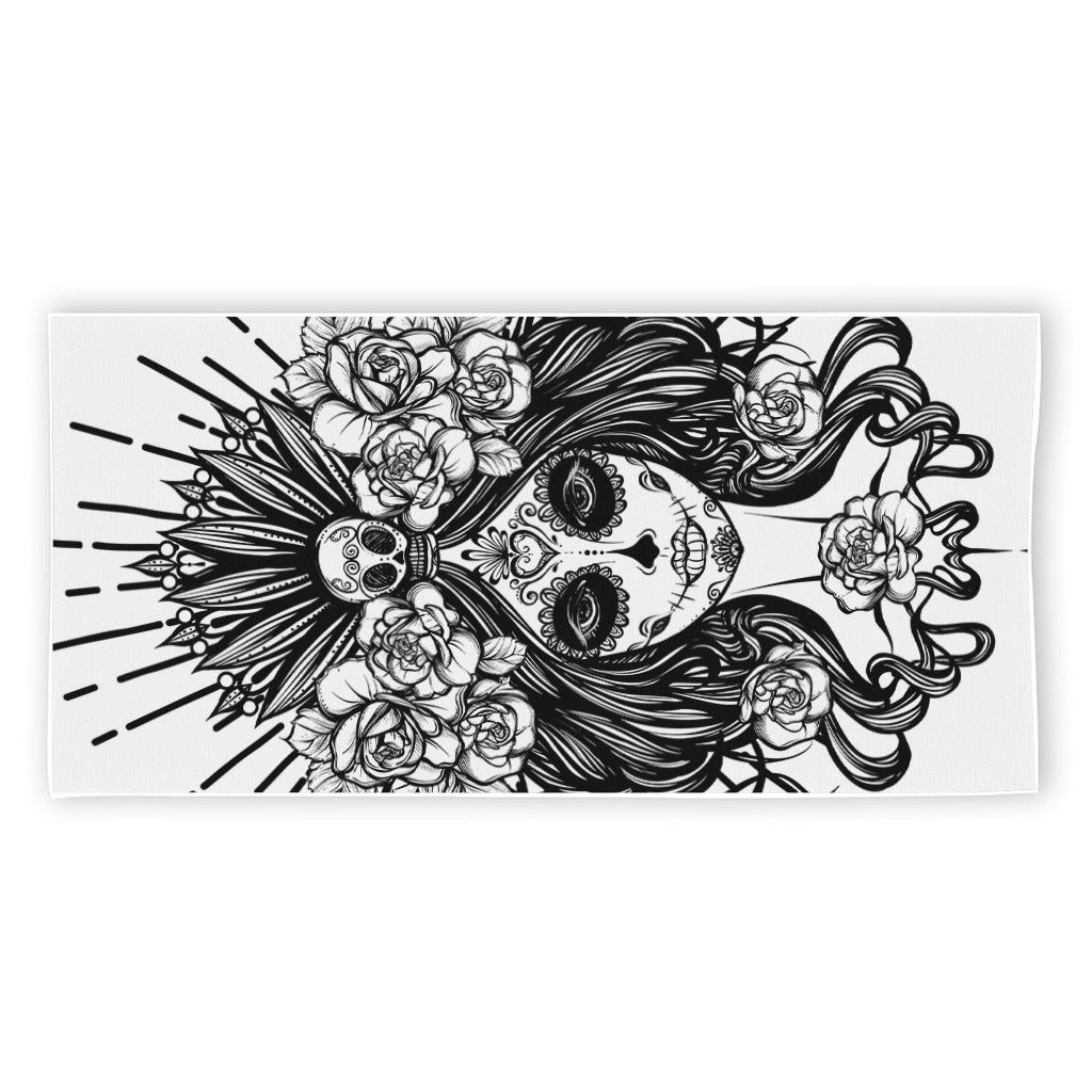 Black And White Calavera Girl Print Beach Towel