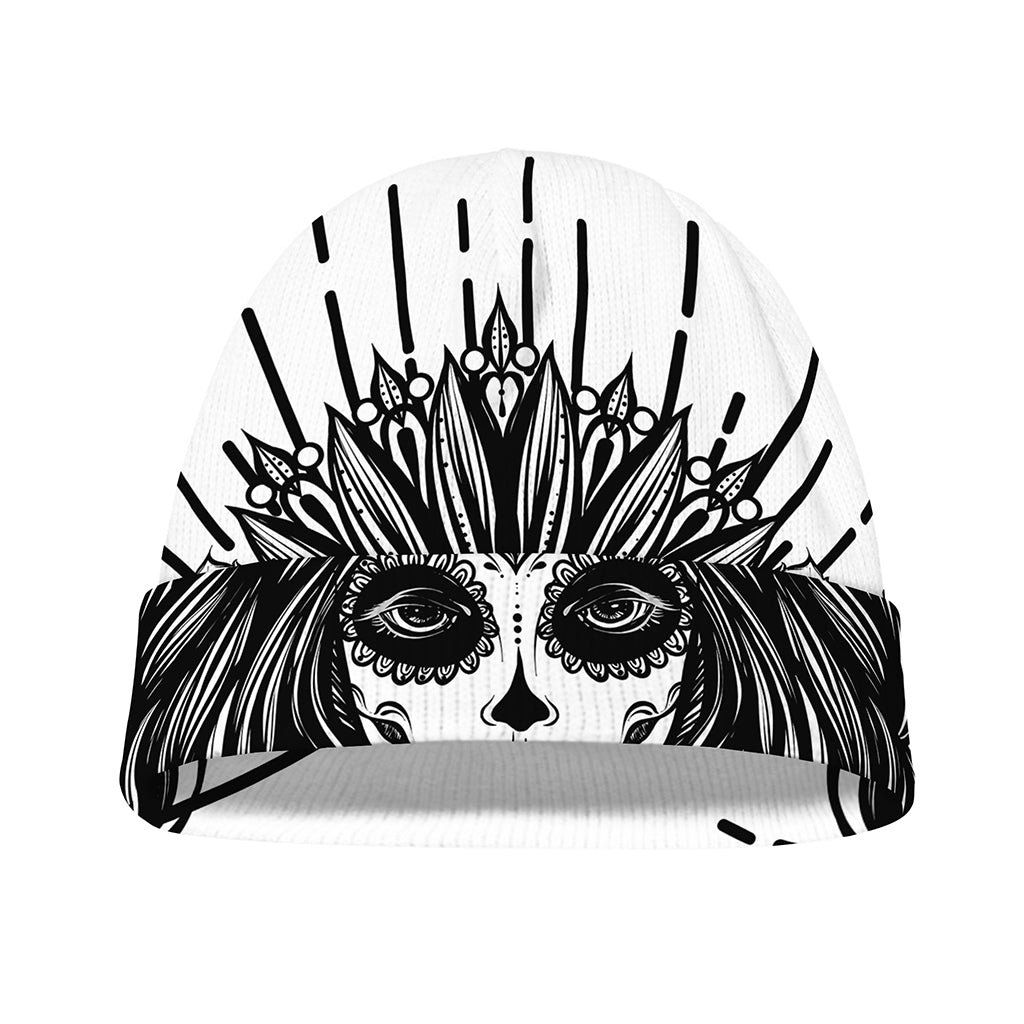 Black And White Calavera Girl Print Beanie