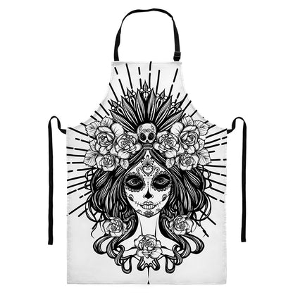 Black And White Calavera Girl Print Bib Apron With Pocket