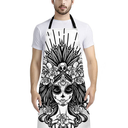 Black And White Calavera Girl Print Bib Apron With Pocket