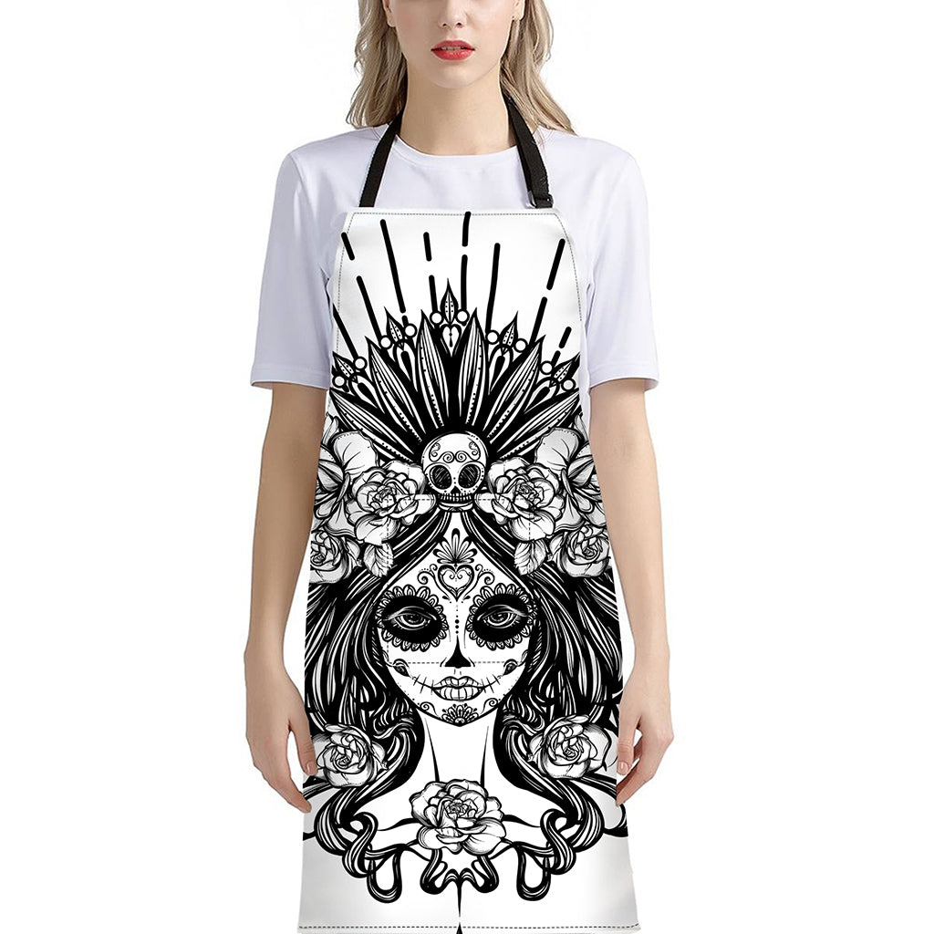 Black And White Calavera Girl Print Bib Apron With Pocket
