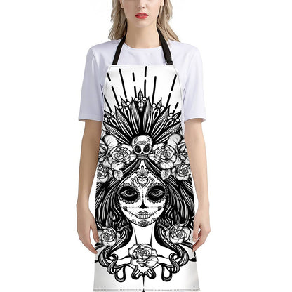 Black And White Calavera Girl Print Bib Apron With Pocket