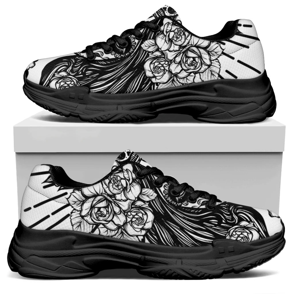 Black And White Calavera Girl Print Black Chunky Shoes