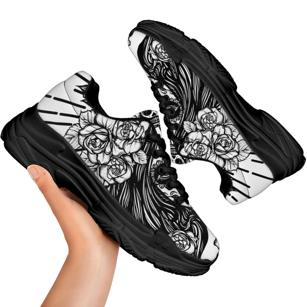 Black And White Calavera Girl Print Black Chunky Shoes