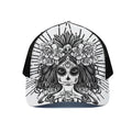 Black And White Calavera Girl Print Black Mesh Trucker Hat