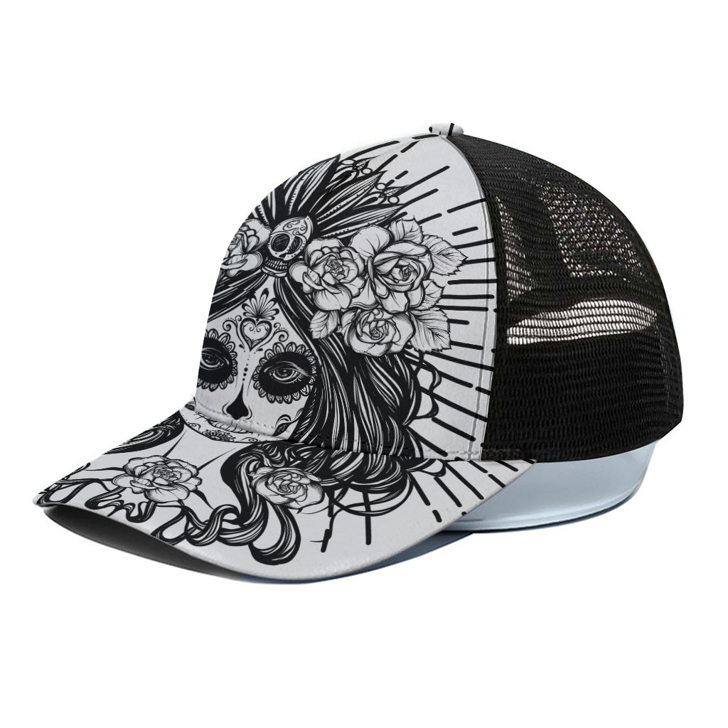 Black And White Calavera Girl Print Black Mesh Trucker Cap