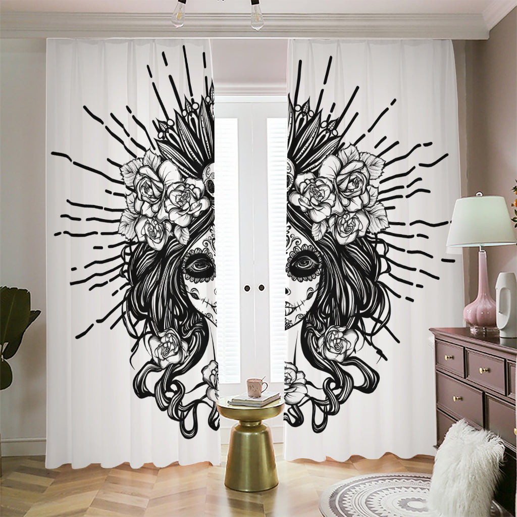 Black And White Calavera Girl Print Blackout Pencil Pleat Curtains