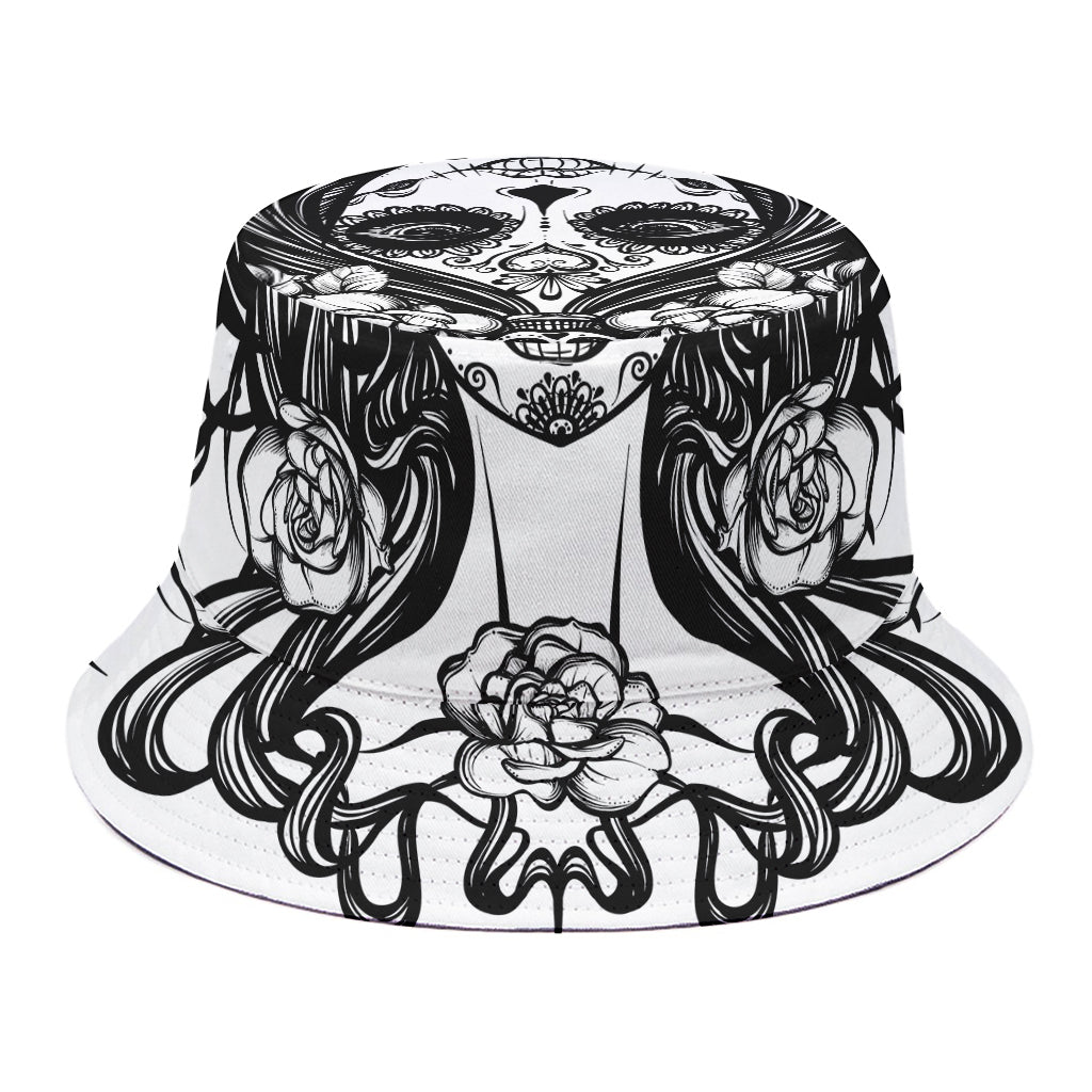 Black And White Calavera Girl Print Bucket Hat