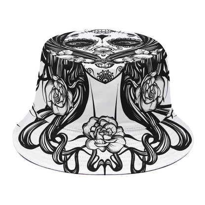 Black And White Calavera Girl Print Bucket Hat