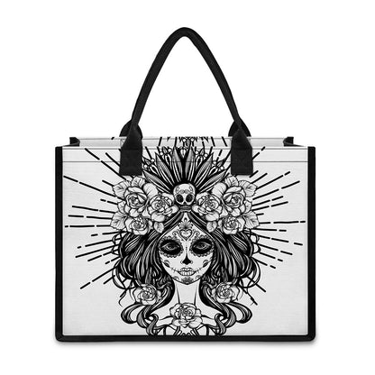Black And White Calavera Girl Print Canvas Tote Bag