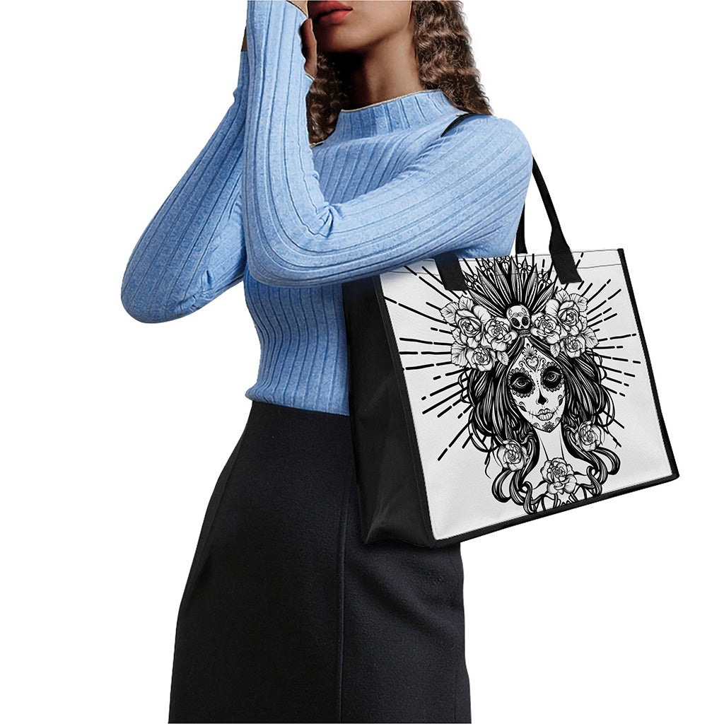 Black And White Calavera Girl Print Canvas Tote Bag